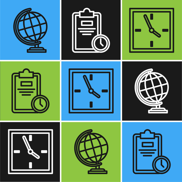 Set line Earth globe, Clock and Exam sheet with clock icon. Vector - Vector, Image