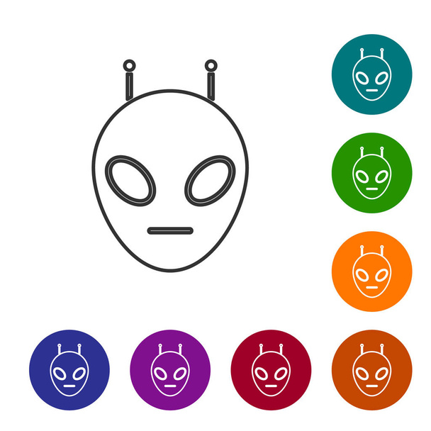 Graue Linie Alien-Symbol isoliert auf weißem Hintergrund. Außerirdisches Alien-Gesicht oder Kopf-Symbol. setzen Sie Symbole in Farbkreis-Buttons. Vektorillustration - Vektor, Bild