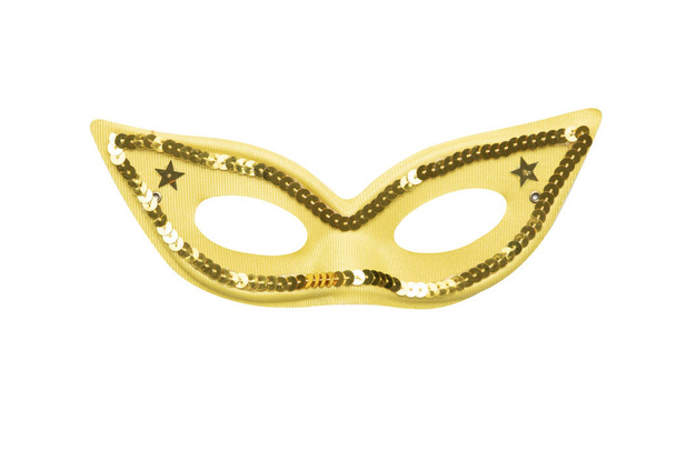Yellow carnival mask with golden beads isolated on a white background - Photo, Image