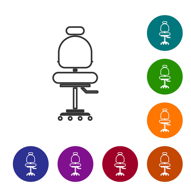 Γκρι γραμμή εικονίδιο καρέκλας γραφείου απομονωμένο σε λευκό φόντο. Ορισμός εικονιδίων σε χρωματιστά κουμπιά κύκλου. Εικονογράφηση διανύσματος - Διάνυσμα, εικόνα