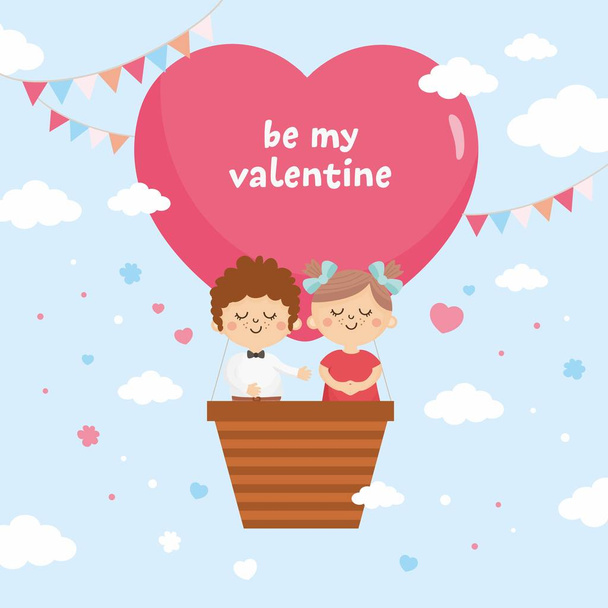 Valentine's Day greeting card. Sweet couple fly in a balloon. Big heart with lettering and love theme illustration. - Вектор, зображення