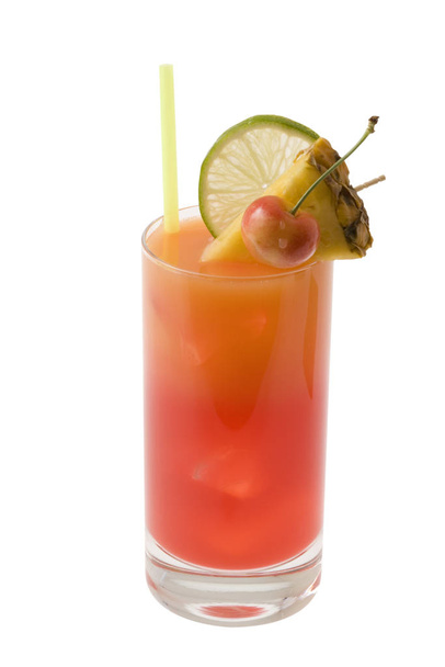 Mai Tai mixed drink with fruit garnish on white background - 写真・画像