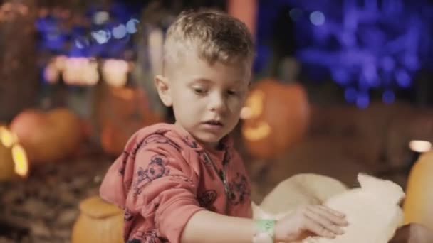 Kleiner Junge und seine Mutter spielen mit Kürbis im Puppenholz - Filmmaterial, Video