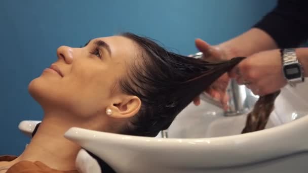 Beauty, Hair Care en People concept-gelukkige jonge vrouw met kapper wassen hoofd op kapsalon - Video