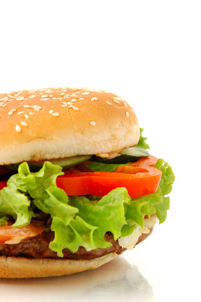 big hamburger with fresh vegetables on white background - Φωτογραφία, εικόνα