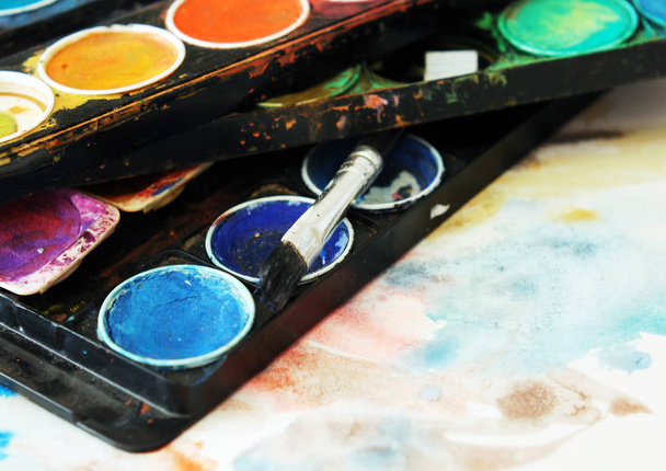 watercolors box of colors, art  - Фото, изображение