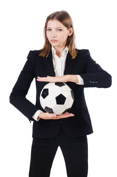 Бизнесвумен с футболом на белом - Фото, изображение