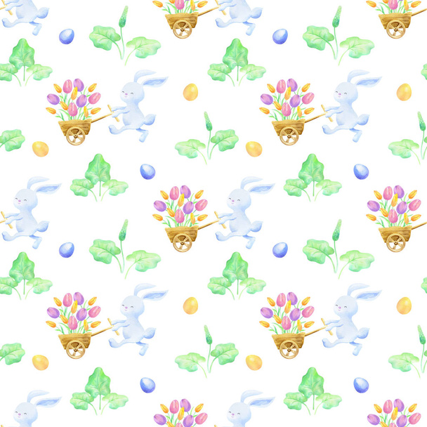 Easter seamless patterns with hand drawn cute bunnies and colored eggs. Watercolor colorful background - Foto, imagen