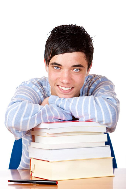 cheerful student leaning on textbooks - Foto, Imagem