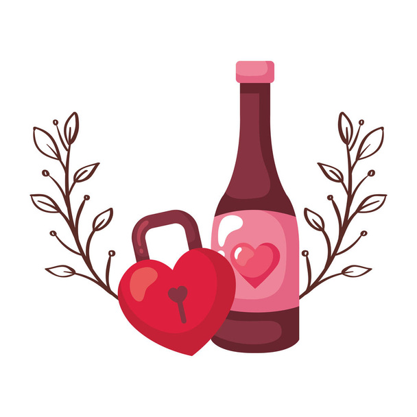 Asma kilit kalp şeklinde ve şişe şarap izole ikonu - Vektör, Görsel