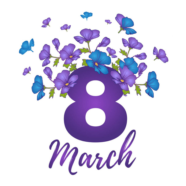 8 maart Womens Dag wenskaart. Vierkant formaat in blu en paarse kleuren. Geïsoleerde illustratie op wit - Foto, afbeelding