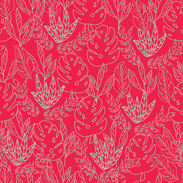 ベクトル赤熱帯全体の葉テクスチャシームレスなパターンの背景 - ベクター画像