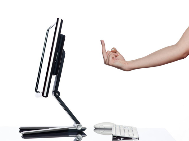 hand gesturing toward of monitor screen on a white background - Foto, imagen