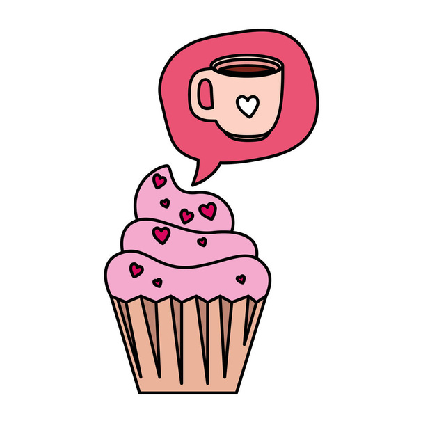 cupcake and speech bubble with coffee drink - Vector, Image