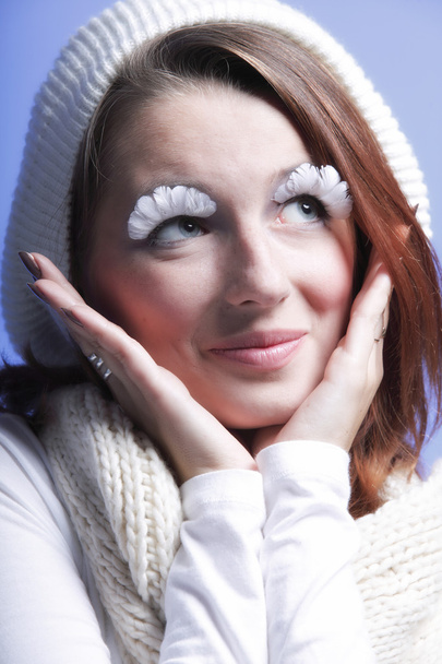 winter fashion woman warm clothing creative makeup - Zdjęcie, obraz