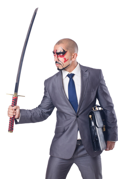 Бизнесмен с мечом изолирован на белом - Фото, изображение