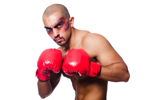 Badly beaten boxer isolated on white - Фото, зображення