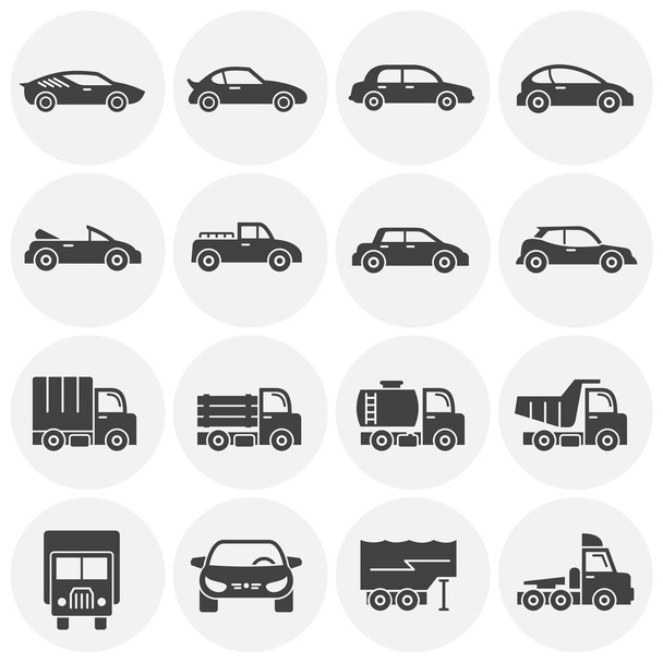 Піктограми автомобілів встановлені на тлі графічного та веб-дизайну. Символ концепції креативної ілюстрації для веб або мобільного додатку
. - Вектор, зображення
