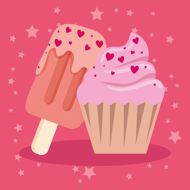 ice cream in stick with cupcake - Vector, Image