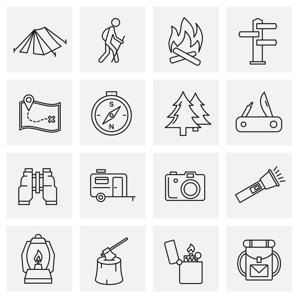 Iconos de camping establecidos en el fondo para el diseño gráfico y web. Símbolo de concepto de ilustración creativa para web o aplicación móvil
. - Vector, imagen