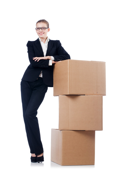 Donna donna d'affari con scatole su bianco
 - Foto, immagini