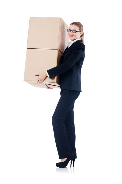 Podnikatelka s krabicemi izolovanými na bílém - Fotografie, Obrázek