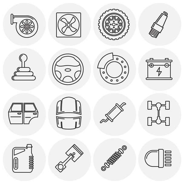 Części samochodowe zarysowują ikony ustawione na tle grafiki i projektowania stron internetowych. Kreatywny symbol ilustracji dla aplikacji webowej lub mobilnej. - Wektor, obraz