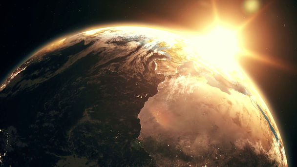 hochdetaillierte realistische epische Sonnenaufgang über dem Planeten Erde Europa Nacht Stadt Skyline Ansicht aus dem Weltraum Globus leuchtet am Morgen von der Sonne 3d Rendering Animation mit Satellitenbildern nasa in 4k - Filmmaterial, Video