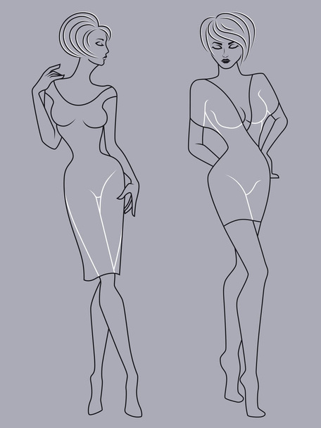 Outline of two elegant ladies - Vector, Image