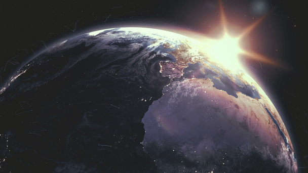 realistischer Sonnenaufgang über dem Planeten Erde 3D Animation Sonnenaufgang Ansicht mit digitalem Datenraster Globus leuchtet von der Sonne auf mit Technologie Mesh rund um Internet und Blockchain-Konzept mit nasa-Bildern in - Filmmaterial, Video