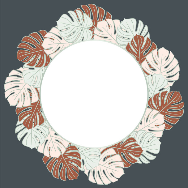 Pattern with monstera leaves in art deco style. Blue, pink and brown leaves on a dark background. Circle Frame from monstera. - Vektor, Bild