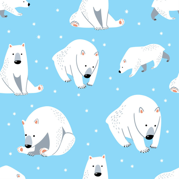Seamless Polar Bear Pattern with Blue Background, Cute Bear Cartoon Vector Illustration. Can be used for textile, poster, wallpaper, birthday card. - Wektor, obraz