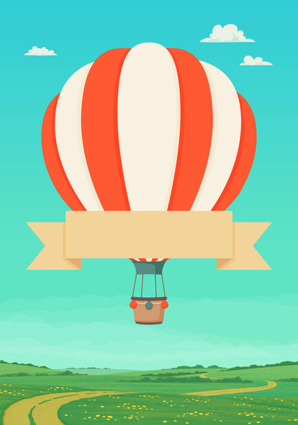 Striped red and white hot air balloon with ribbon flying over green meadows. - Vector, Image