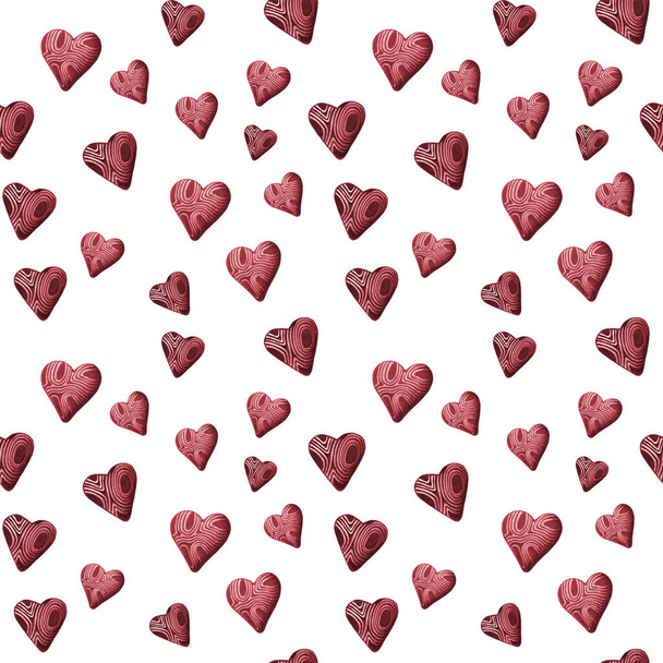 Pen ball drawing seamless pattern with wooden red hearts. Hand drawing on white isolated background for greeting cards, posters, wedding invitations and textile. Design for  valentines day. - Photo, Image