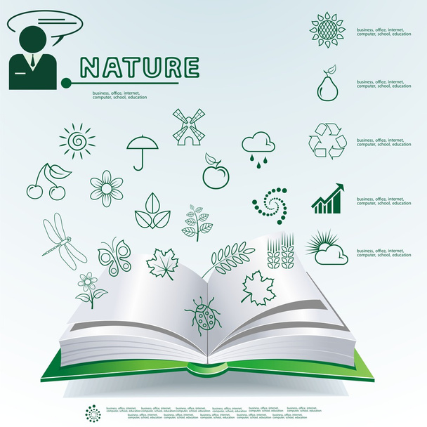 Green leaves in are printed on the book. Vector nature idea ecology - Vetor, Imagem