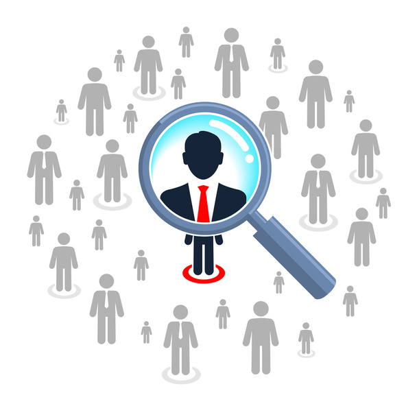 Job search and career choice, magnifying glass searching people - Vector, Image