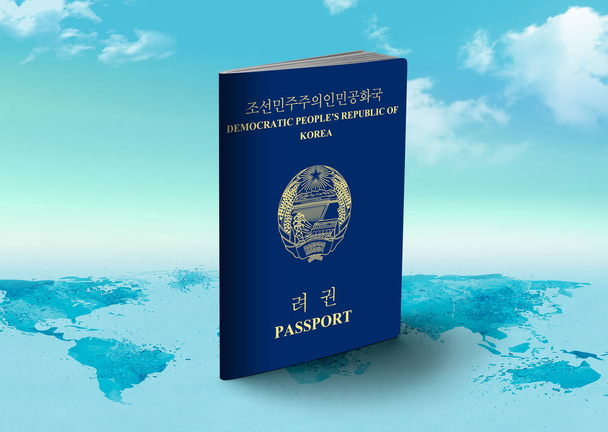 North Korea Passport on world map with clouds in background - Photo, Image