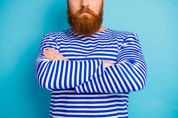 Cropped close up photo of minded pensive man cross hands ready decide decisions wear good look clothing isolated over blue color background - Foto, Imagen