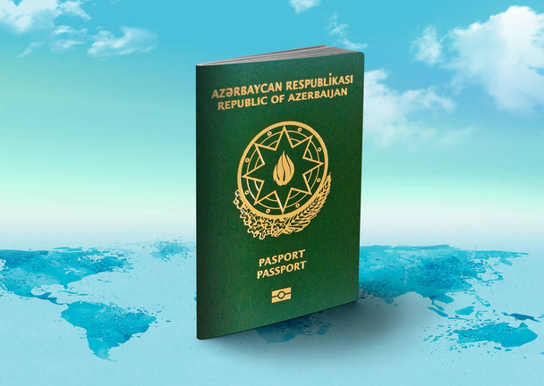 Αζερμπαϊτζάν Διαβατήριο στον παγκόσμιο χάρτη με σύννεφα στο φόντο - Φωτογραφία, εικόνα