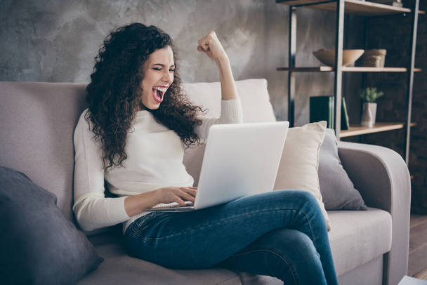 Portrait of her she nice-looking attractive lovely cheerful cheery wavy-haired girl using laptop celebrating accomplishment in modern loft industrial style interior room indoors - Foto, immagini