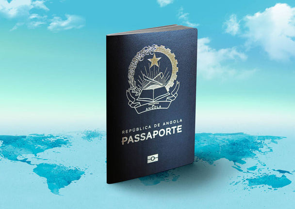 Angola-Pass auf Weltkarte mit Wolken im Hintergrund - Foto, Bild