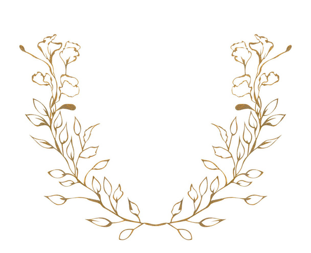 Иллюстрация акварельного рисунка золотых контуров листьев растений на белом изолированном фоне в виде цветочного полукруга
 - Фото, изображение