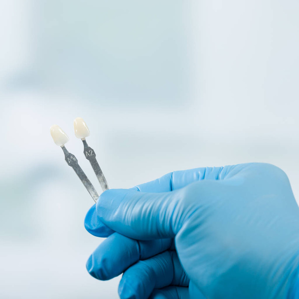 Lähikuva kaksi sävy oppaita tarkistaa viilu hampaan kruunu hammaslaboratoriossa
 - Valokuva, kuva