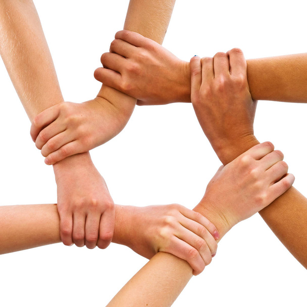 group of people holding hands together isolated on white - Zdjęcie, obraz