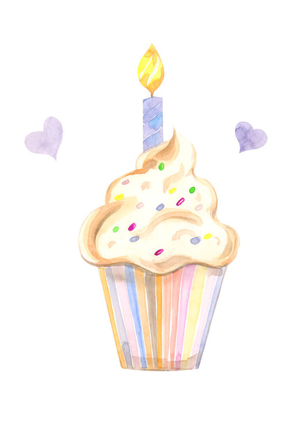 Illustration drawn by watercolor pastry cake in a basket with cream and a candle on a white isolated background - Photo, Image