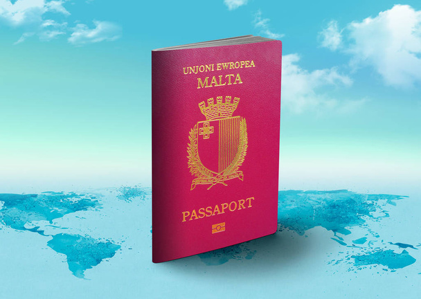 Malta Passport on world map with clouds in background - Photo, Image