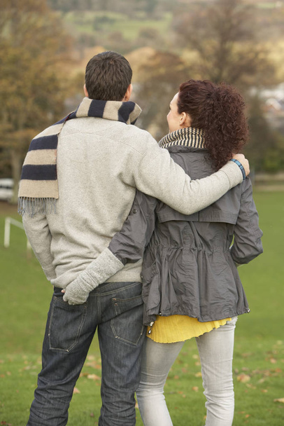 Back View Of Romantic Teenage Couple In Autumn Landscape - Zdjęcie, obraz
