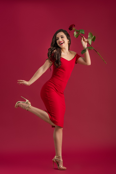 cheerful, elegant girl holding red rose while standing on one leg on red background - Photo, image