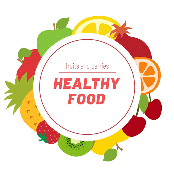 Healthy food. Fruits sketch menu. Round Frame. Color circle. Fre - ベクター画像