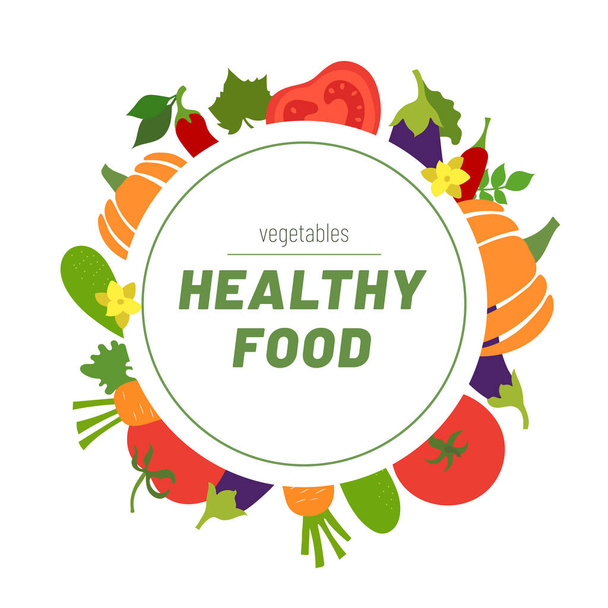 Healthy food. Vegetables sketch menu. Round Frame. Color circle. - Διάνυσμα, εικόνα